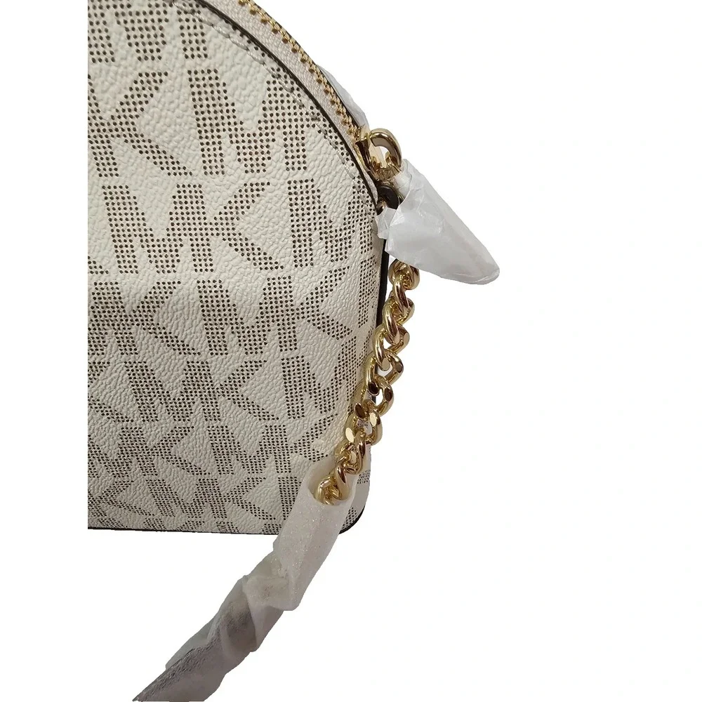 Michael Michael Kors Vanilla and Pale Gold Logo Print Leather Emmy Crossbody Bag